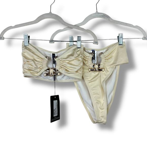 PrettyLittleThing Cream Hammered Trim Bandeau & High Waist Bikini 2-Piece Set - Picture 4 of 13